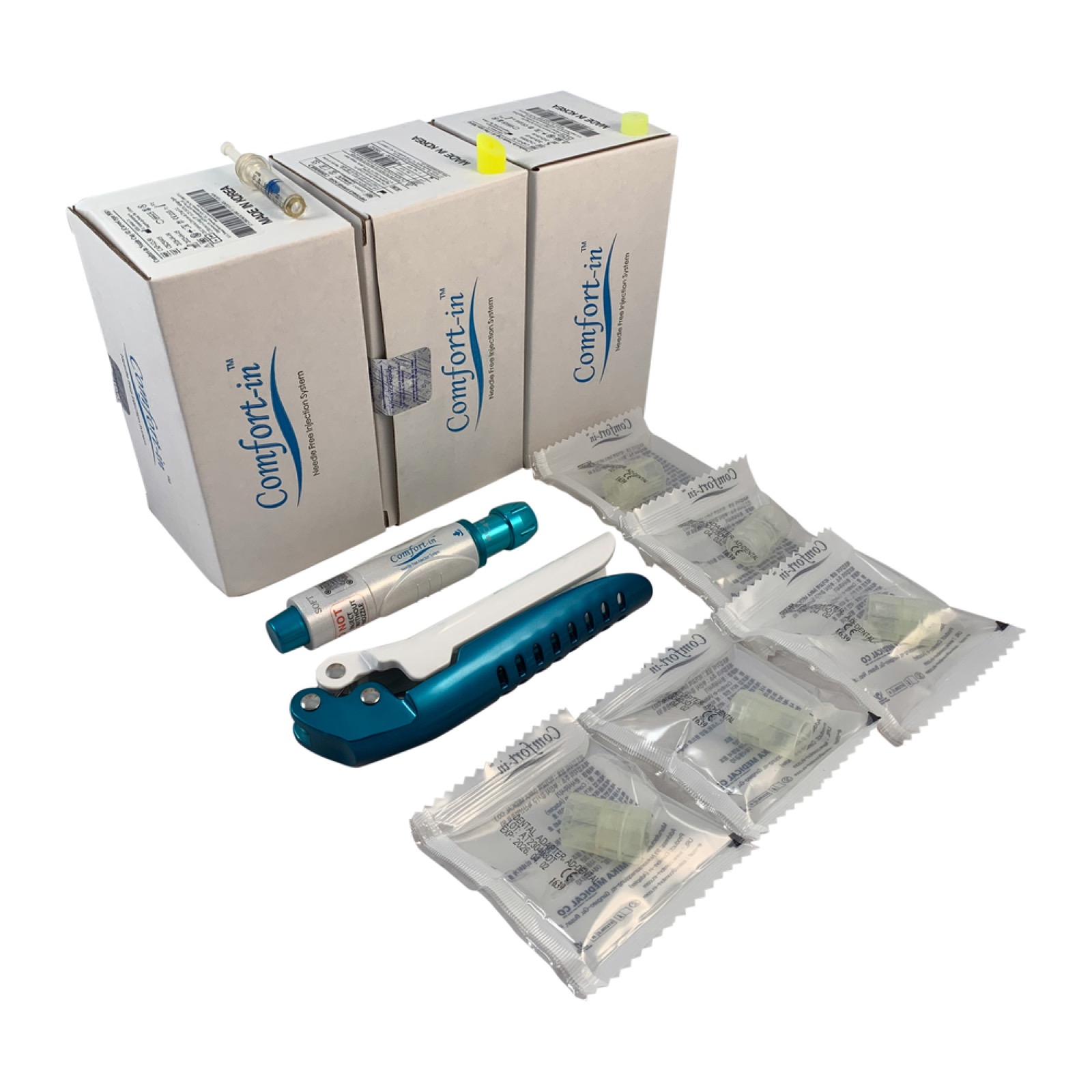Piezas del kit odontológico Comfort-in sobre fondo claro