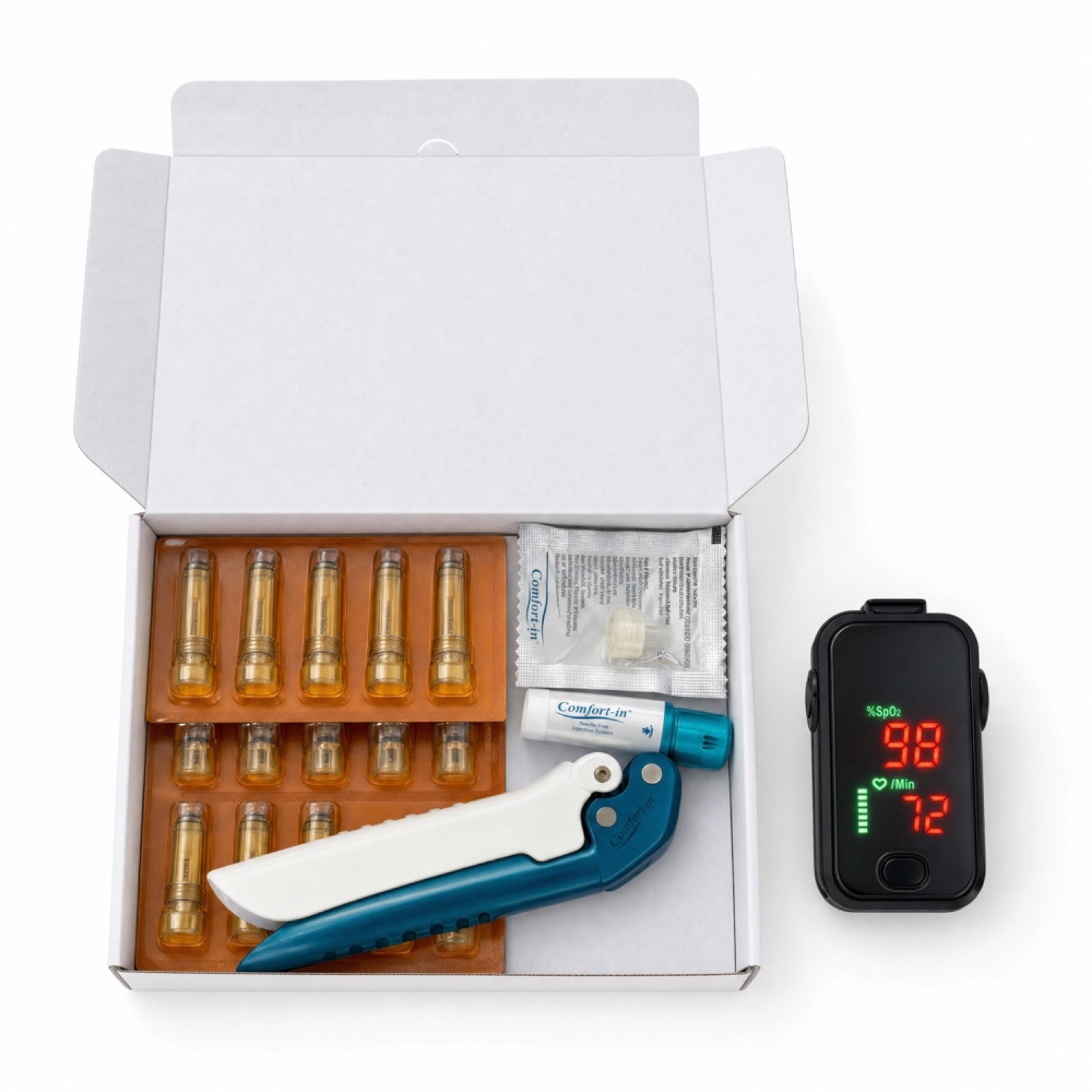 Contenido del kit intramuscular Comfort-in dispuesto sobre una mesa