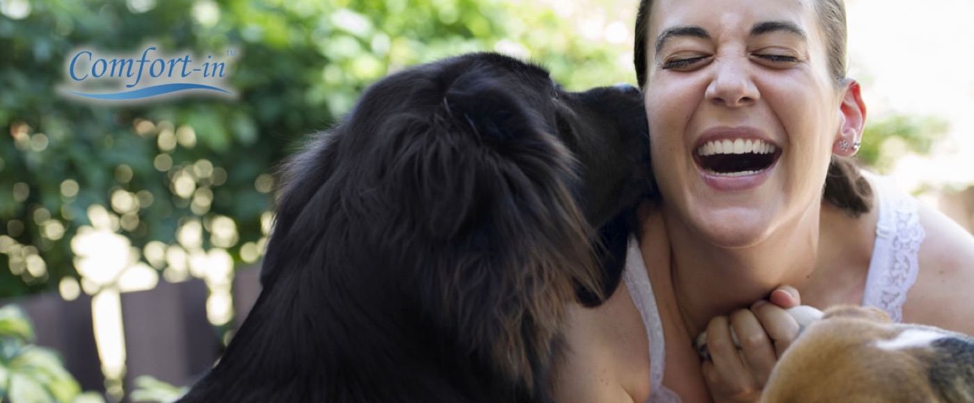 Persona con dos perros, imagen de Comfort-in para uso veterinario